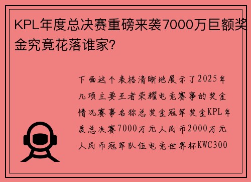 KPL年度总决赛重磅来袭7000万巨额奖金究竟花落谁家？